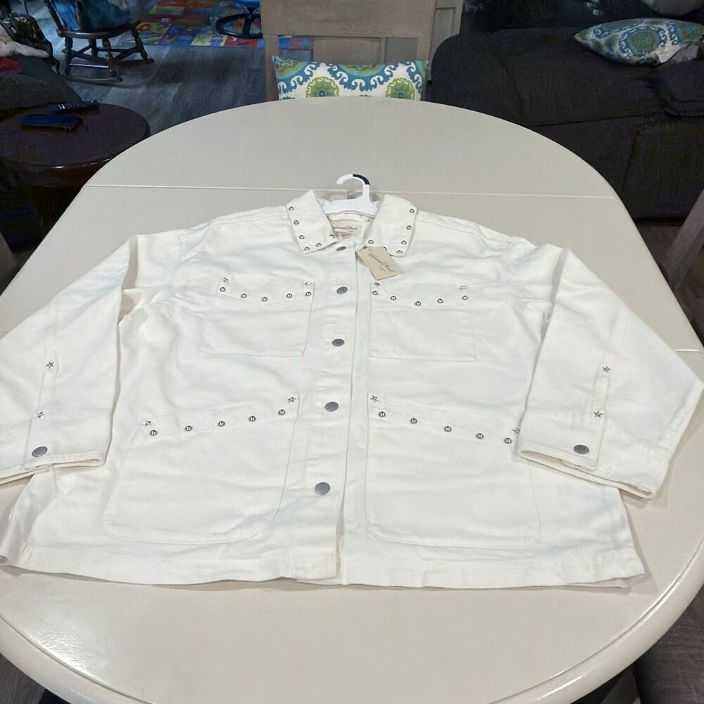 Universal Thread Studded Chore Full Snap White Denim Jacket -- Women's Large